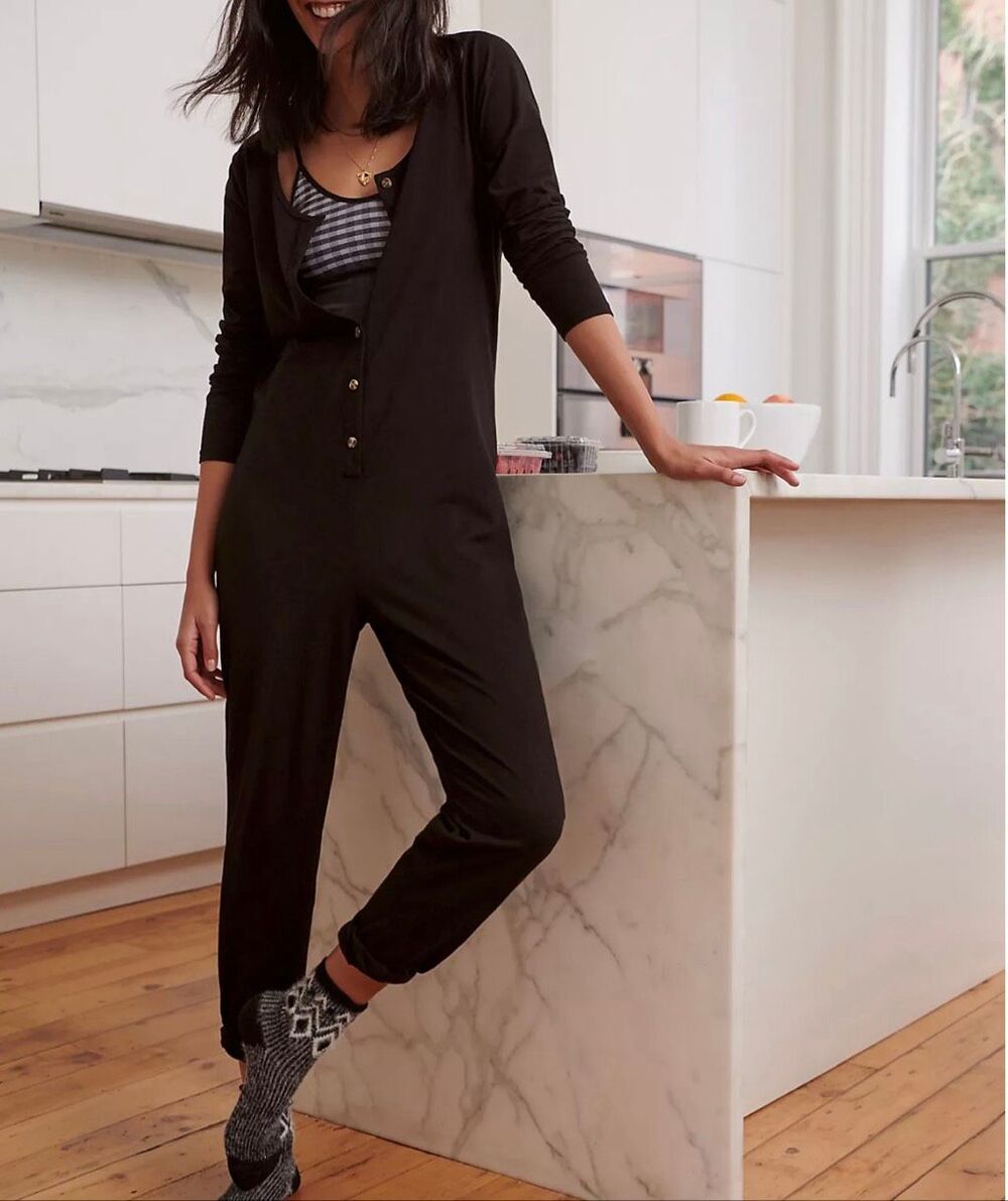 Anthropologie T.La Crystal Lounge Jumpsuit Black oversized XS NWT
